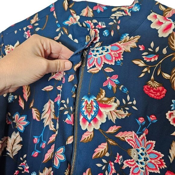 DG2 Womens Bright Floral Long Sleeve Blouse XL Polyester Blue & Pink Full Zip - Picture 3 of 9